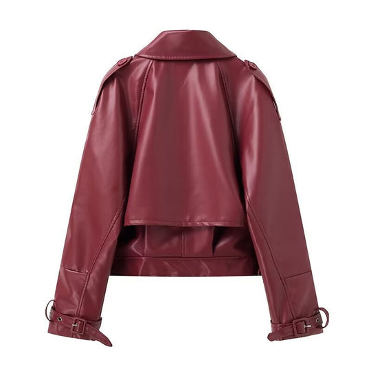 Damen cropped Kunstlederjacke mit Finish und asymmetrischem Kragen R&B