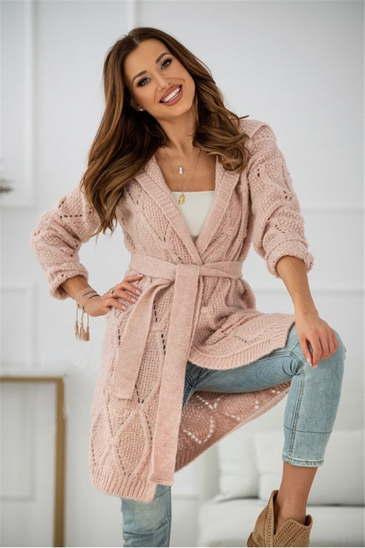 Damen Grobstrickmantel mit Taillengürtel und weitem Schnitt R&B