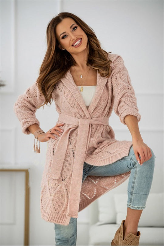 Damen Grobstrickmantel mit Taillengürtel und weitem Schnitt R&B