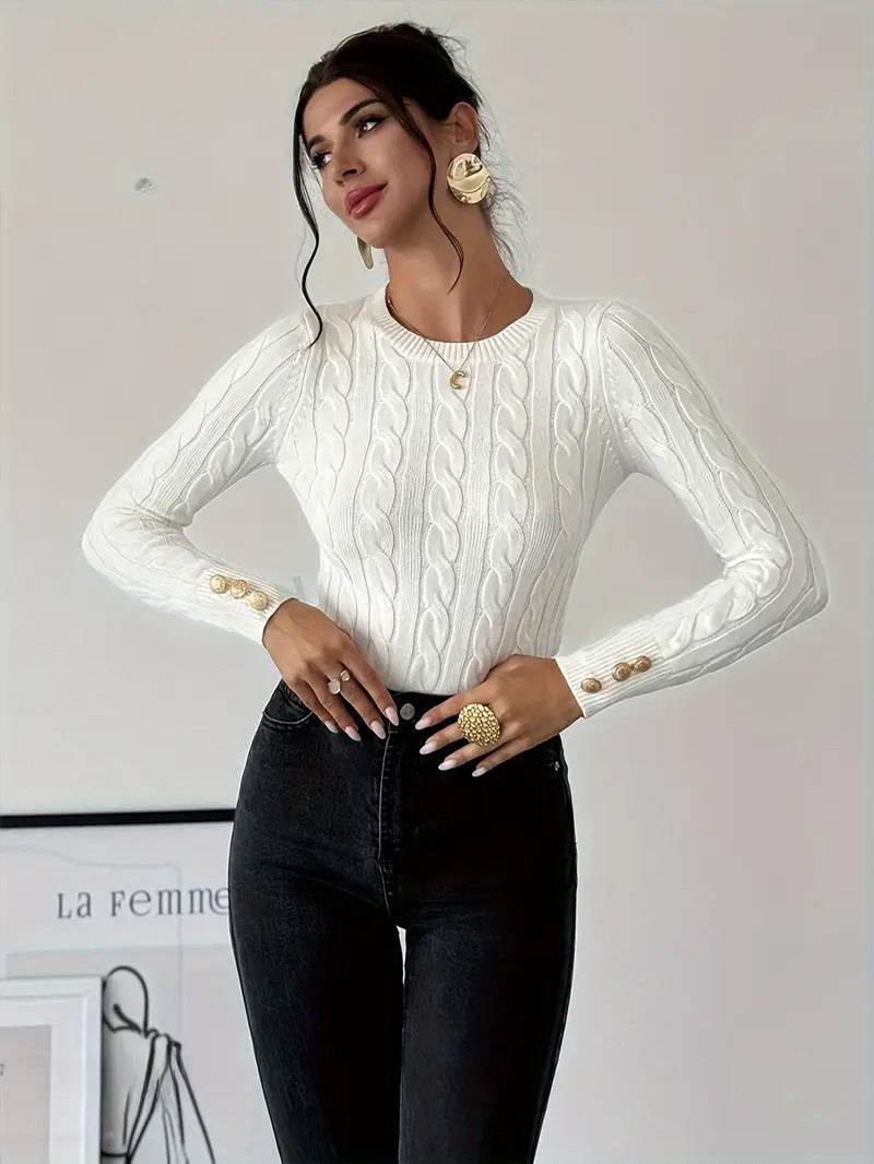Damen Strickpullover mit Zopfmuster und Knopfdetails R&B