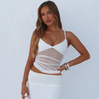 Damen Spaghetti-Träger Blusenoberteil mit transparenter Drapierung R&B