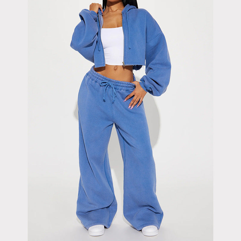 Damen lässiges Fleece-Set mit kurzem Hoodie und weiten Hosen R&B