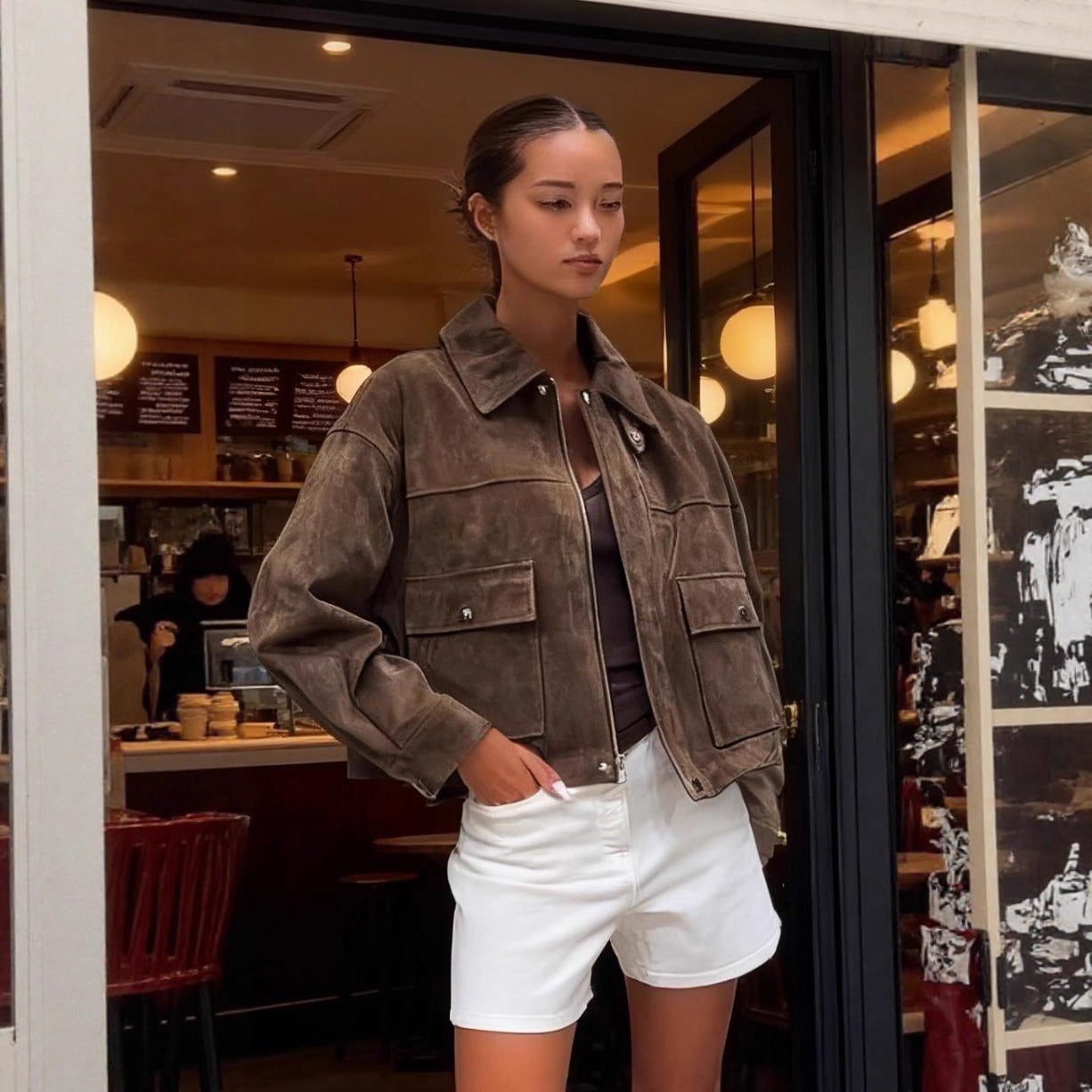 Damen kurz geschnittene Wildlederjacke R&B