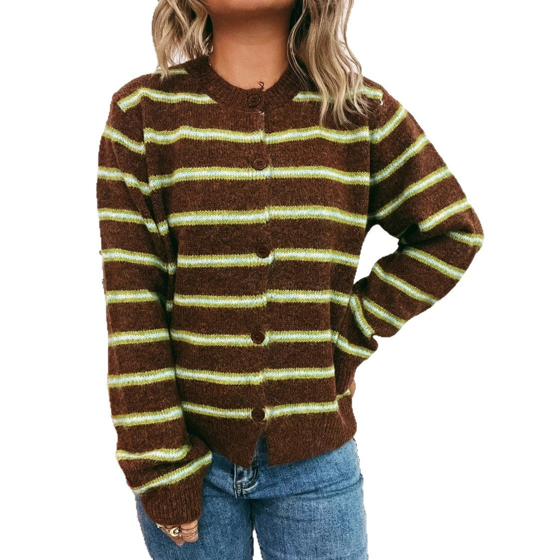 Damen Langärmliger Strickcardigan mit modischem Streifenmuster R&B