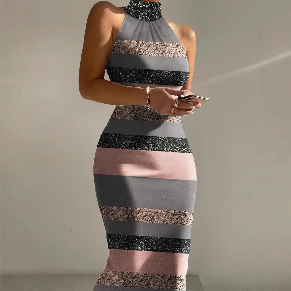 Damen Figurschmeichelndes Maxikleid mit hochgeschlossenem Ausschnitt und modernem Streifenmuster R&B