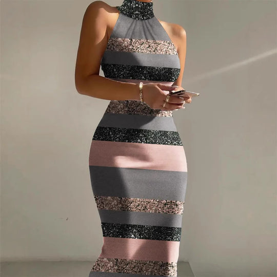 Damen Figurschmeichelndes Maxikleid mit hochgeschlossenem Ausschnitt und modernem Streifenmuster R&B