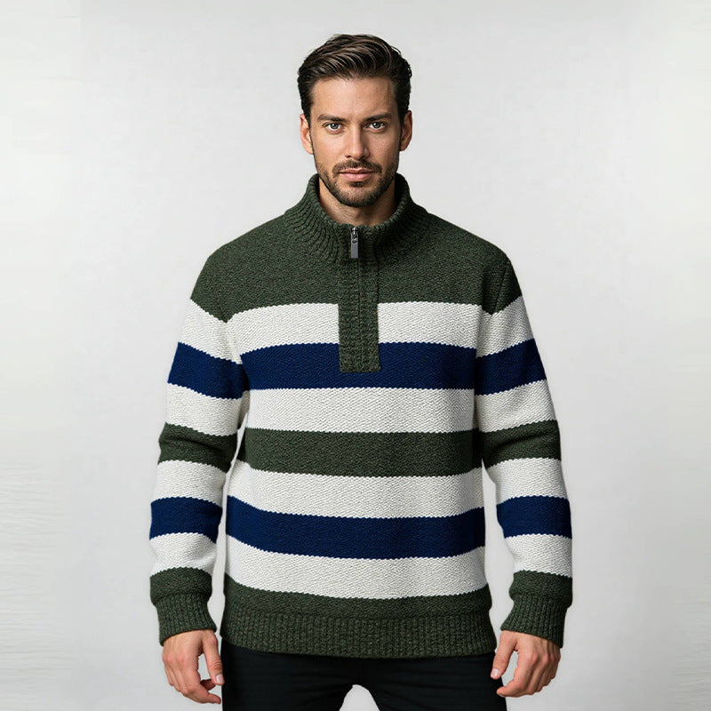 Herren modernes Strickpullover mit halbem Reißverschluss und Blockstreifen R&B