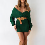 Damen Wickelkleid mit lässigem Off-Shoulder Design und strukturiertem Strick