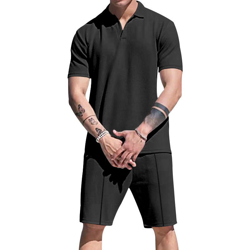 Herren lässiges Kurzarm-Polohemd und Shorts-Set aus atmungsaktivem Stoff R&B