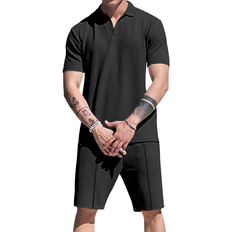 Herren lässiges Kurzarm-Polohemd und Shorts-Set aus atmungsaktivem Stoff R&B