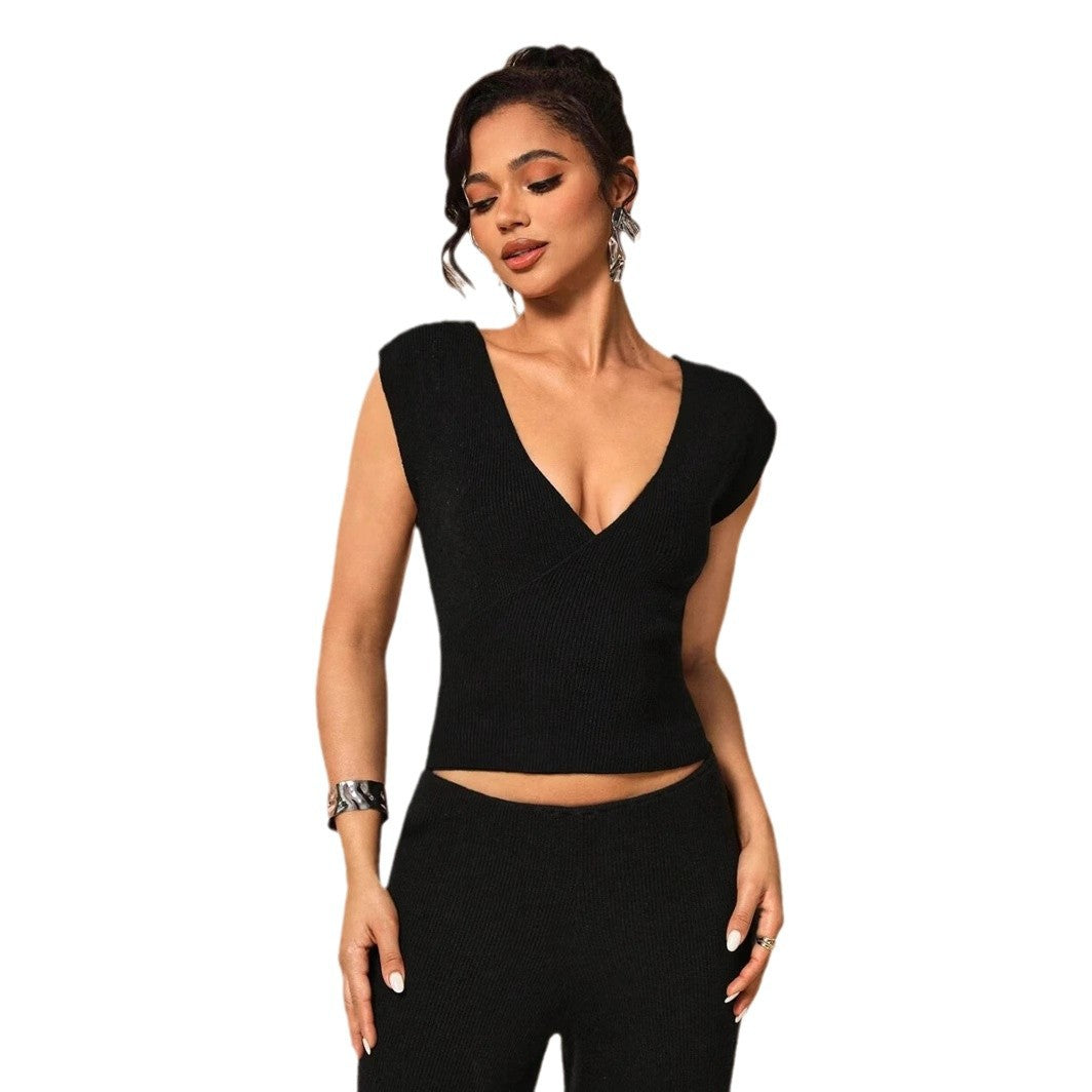 Damen elegantes Oberteil mit tiefem V-Ausschnitt und strukturierter Rippstruktur R&B