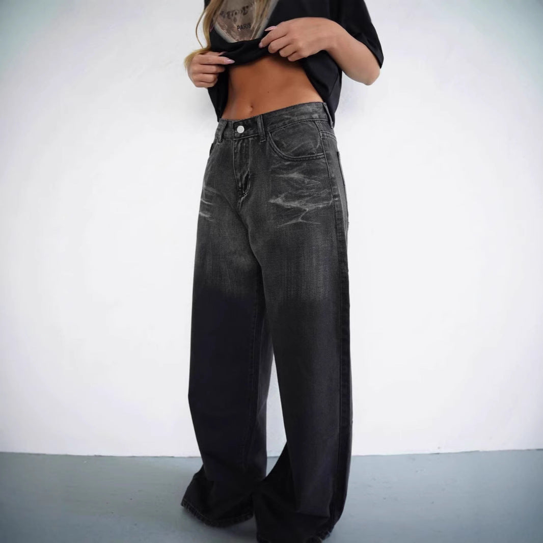Damen Weit geschnittene Jeans mit modischem High-Waist Design und einzigartiger Waschung R&B