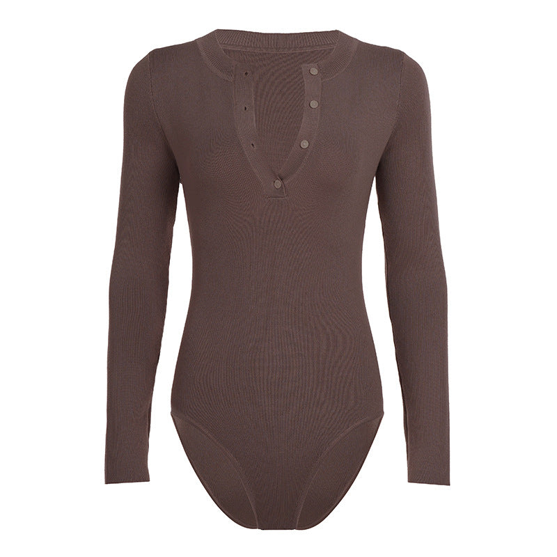 Damen Langarm Bodysuit mit Knopfdetail und strukturiertem Material R&B