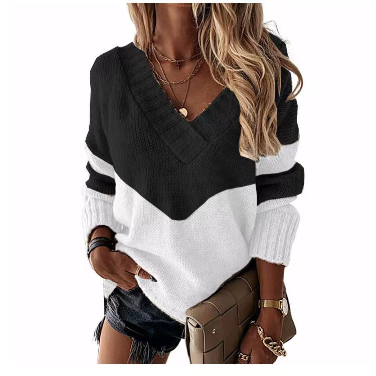 Damen Strickpullover mit V-Ausschnitt und trendigen Farbblockmustern R&B