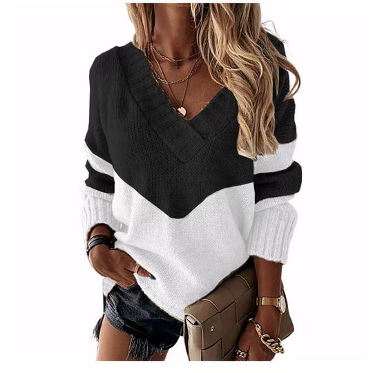 Damen Strickpullover mit V-Ausschnitt und trendigen Farbblockmustern R&B
