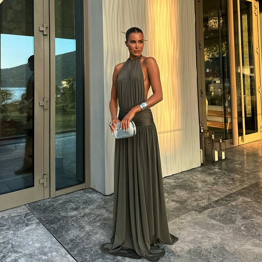 Damen elegantes Maxikleid mit hochwertigem Halterneck-Design und fließendem Stoff R&B