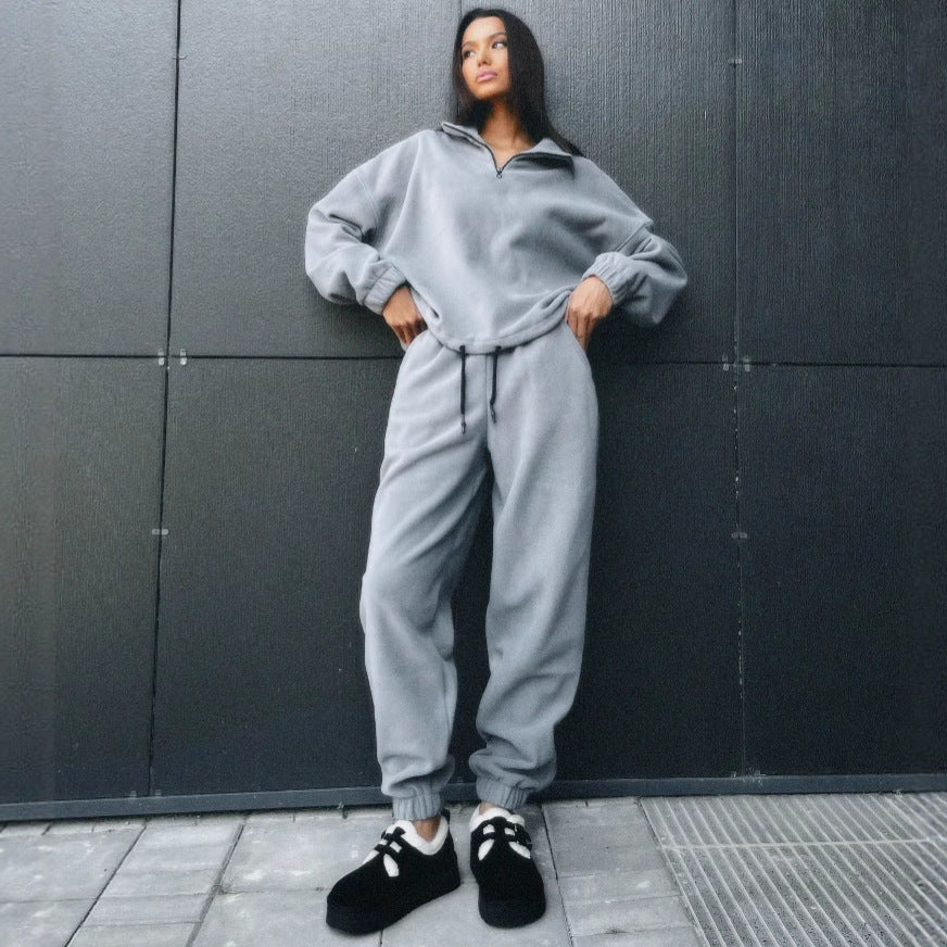 Damen gemütlicher Fleece-Jogginganzug mit hohem Kragen und Kängurutaschen