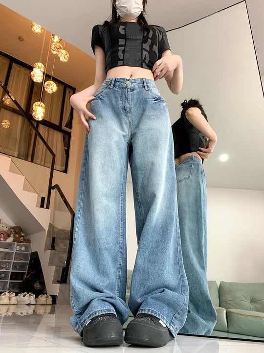 Damen weit geschnittene Mom-Jeans im Vintage-Look mit hohem Bund und modernen Details R&B