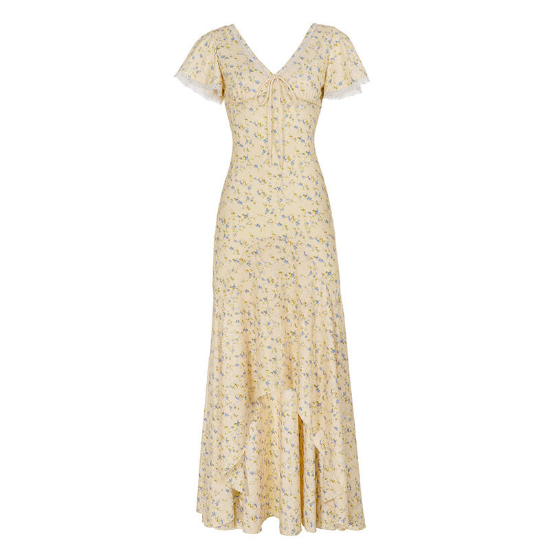 Damen Maxikleid mit romantischem Blumenmuster und verspieltem V-Ausschnitt R&B