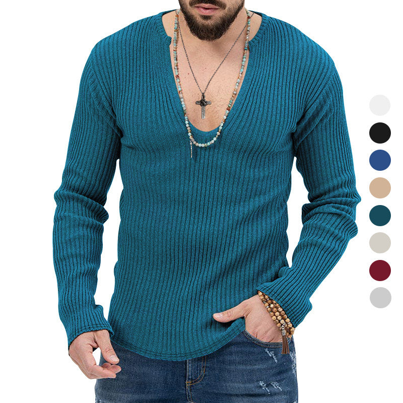 Herren elegantes Langarmshirt mit tiefem V-Ausschnitt und strukturiertem GewR&Be R&B