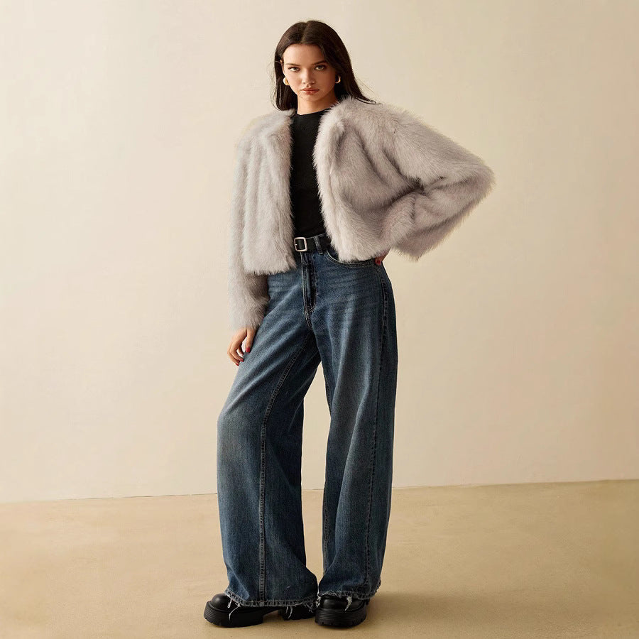 Damen extravagante Kurzarm-Felljacke mit voluminösen Ärmeln R&B