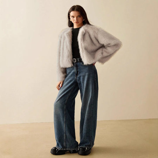 Damen extravagante Kurzarm-Felljacke mit voluminösen Ärmeln R&B