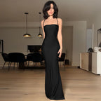 Damen elegantes Bodycon Maxikleid mit schulterfreiem Design und feinen Trägern R&B