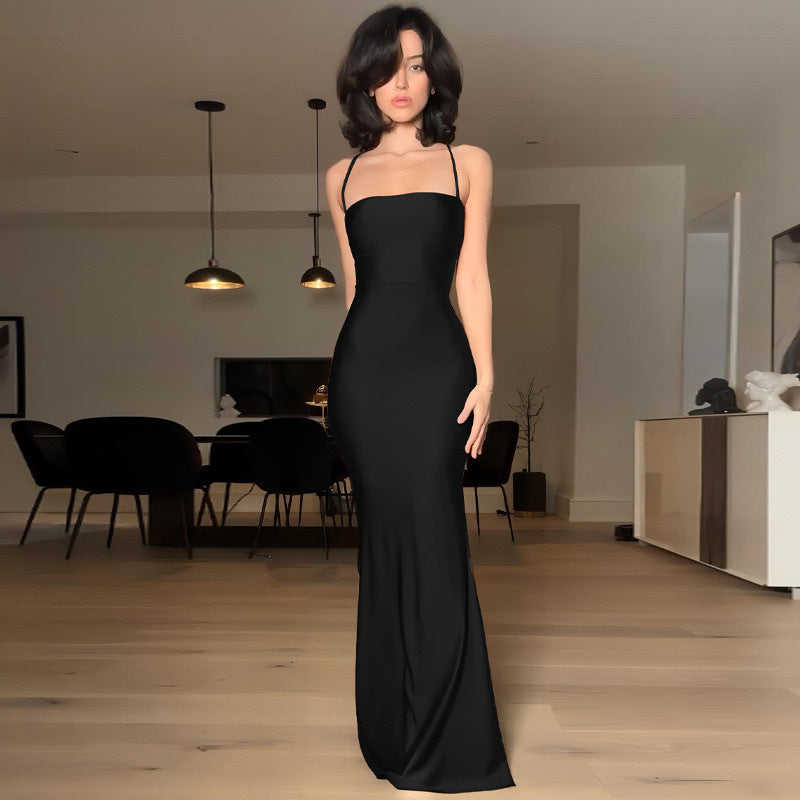 Damen elegantes Bodycon Maxikleid mit schulterfreiem Design und feinen Trägern R&B
