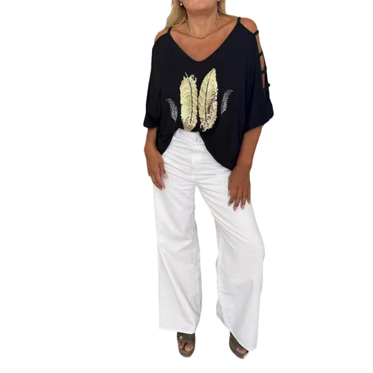 Damen oversized T-Shirt mit eleganter Stickerei und offenen Schultern Heidi-Mode