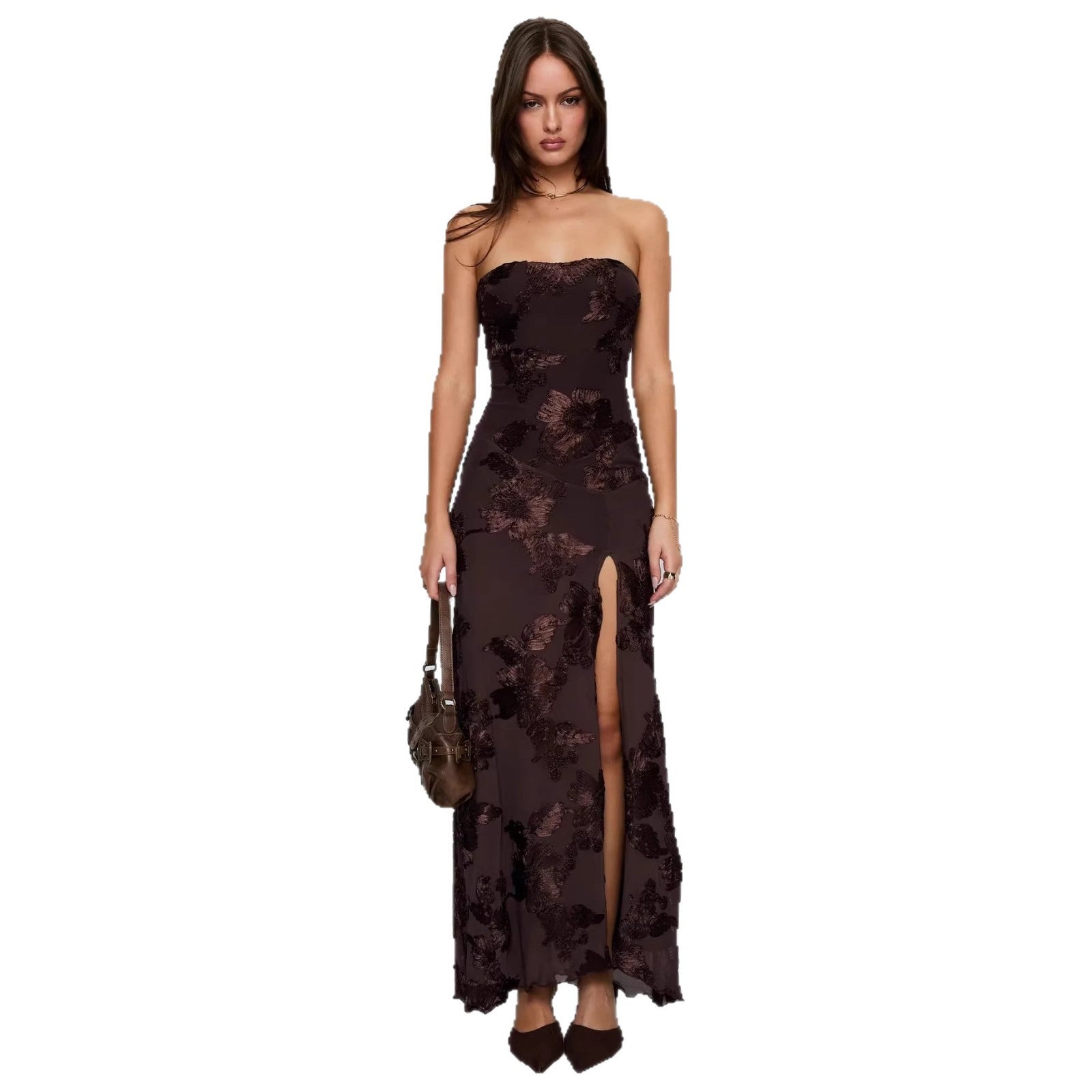 Damen elegantes Schnittmaxikleid mit floralem Design und seitlichem Schlitz R&B