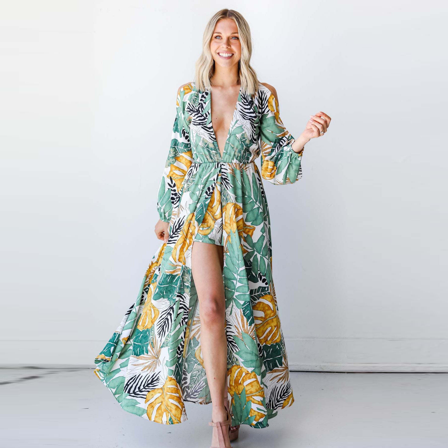 Damen Maxi-Kaftan mit floralem Muster und tiefem Ausschnitt R&B