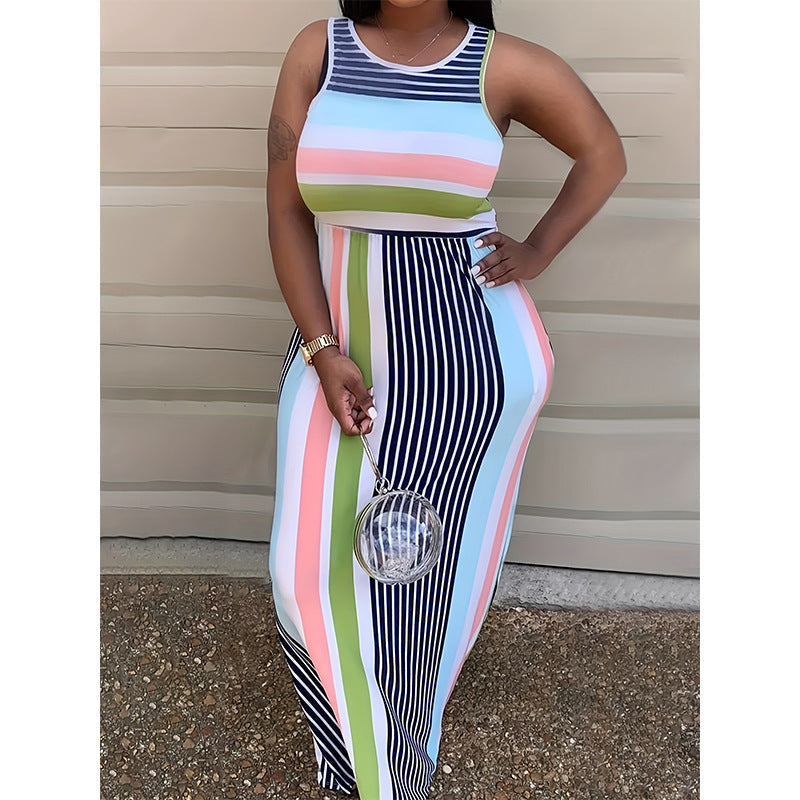 Damen Maxikleid mit farbenfrohem Streifenmuster und figurbetonendem Schnitt R&B