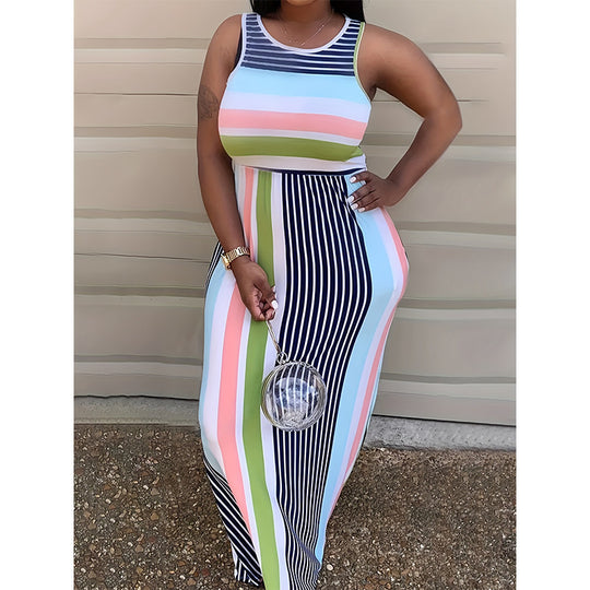 Damen Maxikleid mit farbenfrohem Streifenmuster und figurbetonendem Schnitt R&B