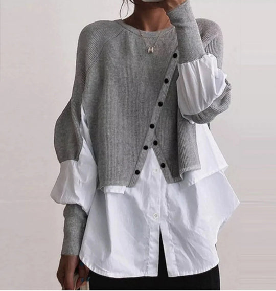 Damen modische Strickjacke mit geknöpften Details und Blusenüberwurf R&B