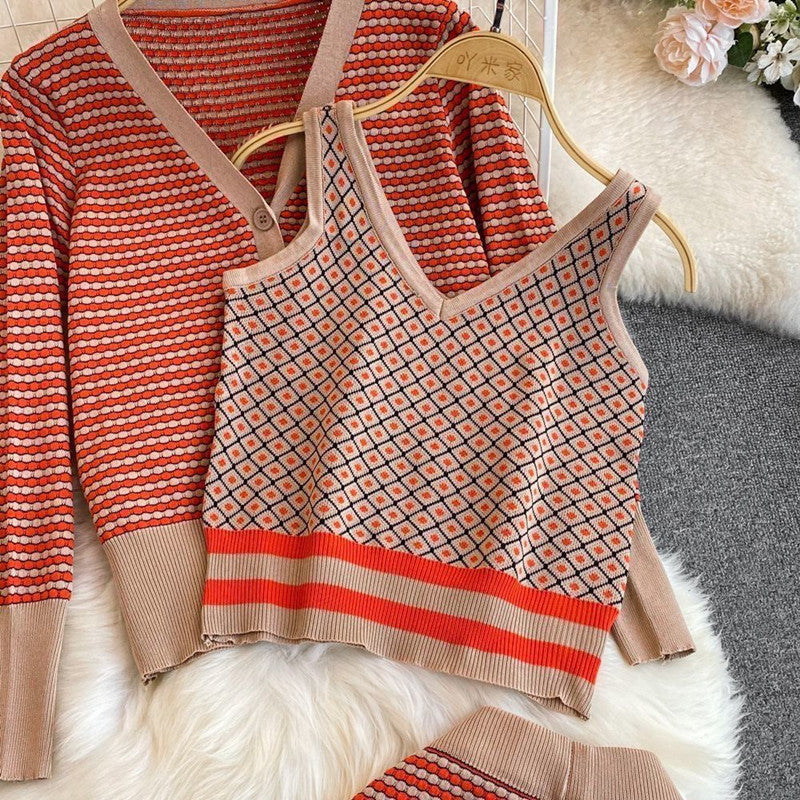 Damen Stylisches Strick-Loungewear-Set mit Tiefem V-Ausschnitt und Weit Geschnittenen Hosen R&B