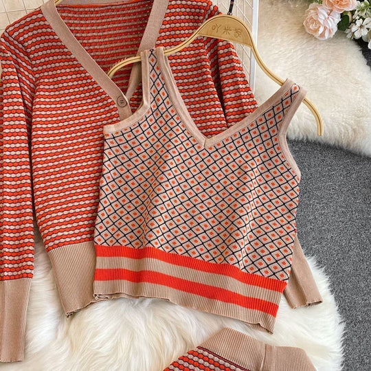 Damen Stylisches Strick-Loungewear-Set mit Tiefem V-Ausschnitt und Weit Geschnittenen Hosen R&B