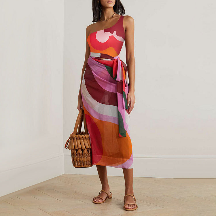 Damen asymmetrischer Badeanzug mit modernem Grafikdesign R&B