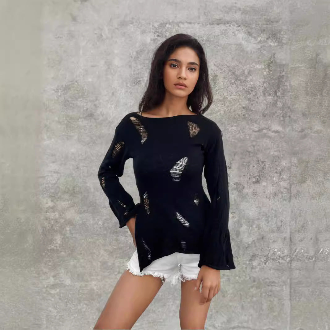 Damen lockerer Strickpullover mit modischen Auschnitten und weitem Schnitt R&B