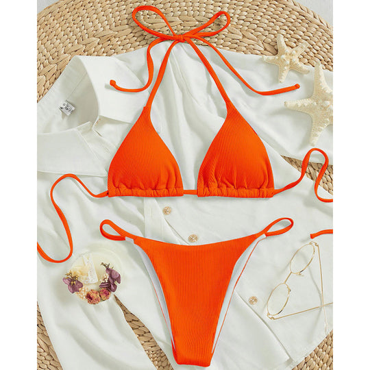Damen Triangel-Bikini-Set mit verstellbaren Schnüren und feinem Strukturmuster R&B