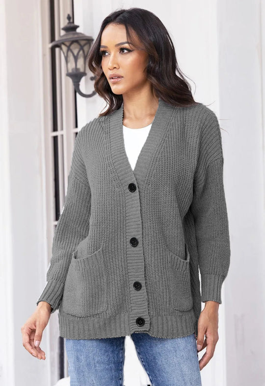 Damen Strickjacke mit modernen Taschen und geripptem Design R&B
