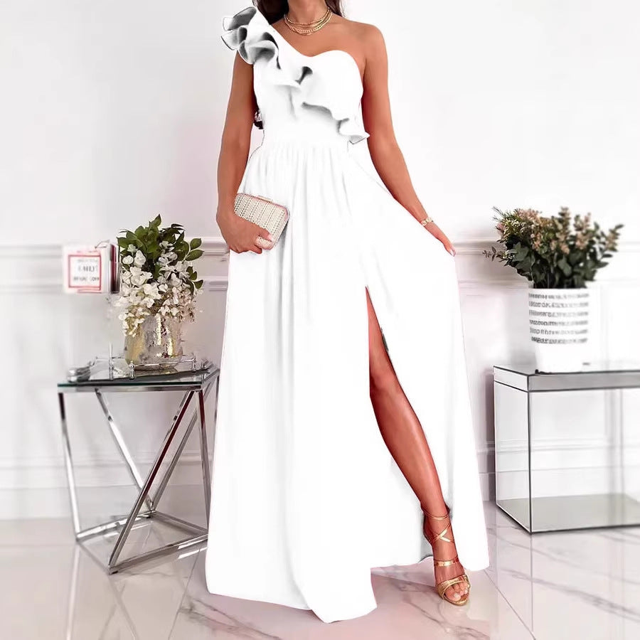 Damen Maxikleid mit asymmetrischem Schnitt und voluminösem Rüschendetail R&B