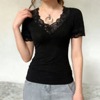Damen Elegantes Spitzen-T-Shirt mit V-Ausschnitt und Kurzarm R&B