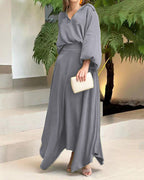 Damen Elegantes Maxikleid mit fließendem Schnitt und hochwertigem V-Ausschnitt R&B