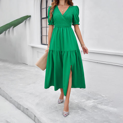 Damen Maxikleid mit hohem Schlitz und Puffärmeln R&B