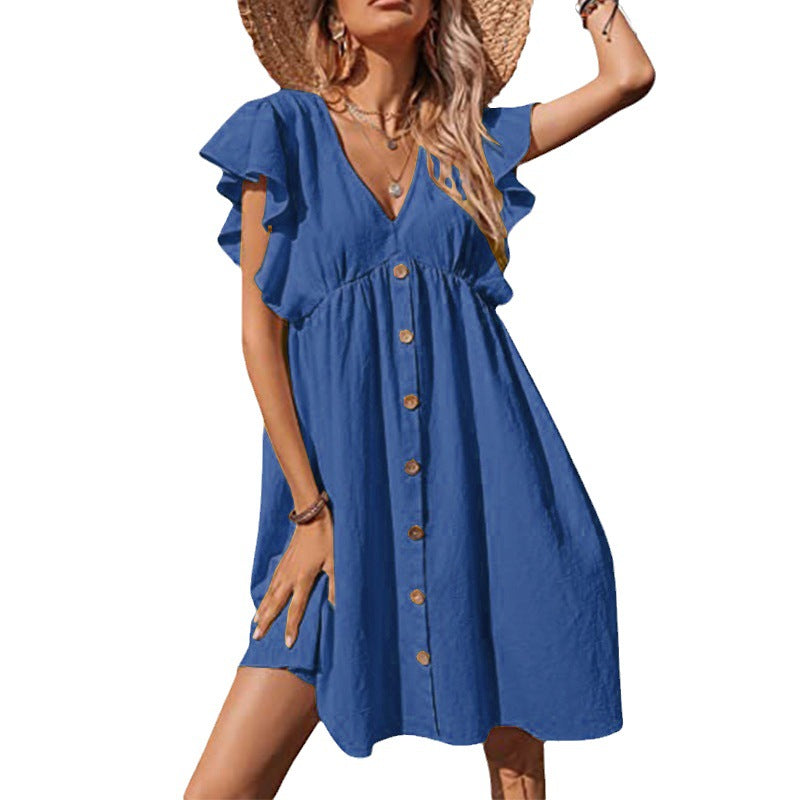 Damen Luftiges Sommerkleid mit verspielten Rüschendetails und Knopfverschluss R&B