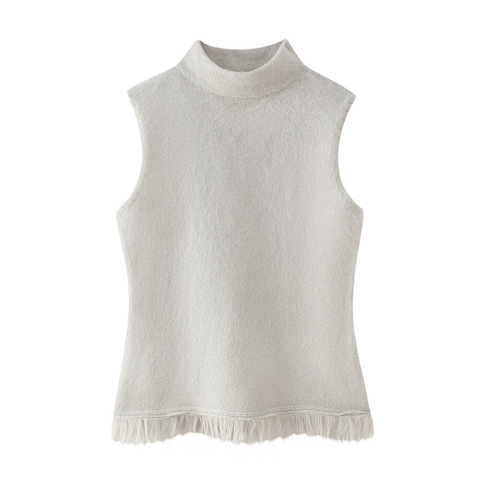 Damen ärmelloses Strickoberteil mit elegantem Stehkragen und fransigem Saum R&B