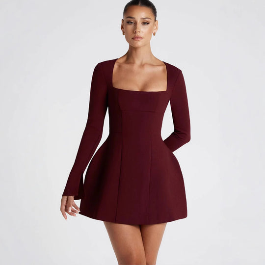 Damen Figurbetontes Minikleid mit elegantem quadratischem Ausschnitt und langen Ärmeln R&B