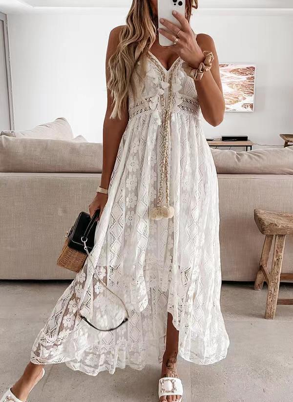 Damen Boho-Maxikleid mit Spitzenakzenten und dekorativen Quasten R&B