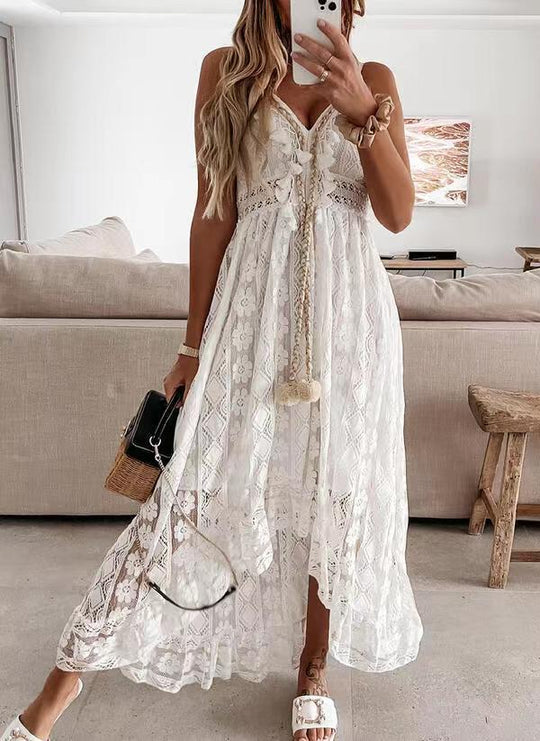 Damen Boho-Maxikleid mit Spitzenakzenten und dekorativen Quasten R&B