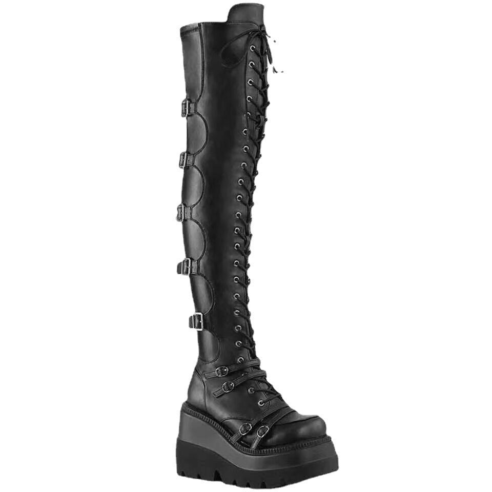 Damen Überknie Stiefel mit Schnallen-Detail und robustem Plateau R&B